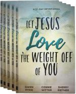 Product Description: This is a group packageYou will receive 5 books forthis sale price.</br></br>Buy a single copy</br></br>This book is a 31 day devotional. It can also be used as a 10 week group study. The authors, Connie Witter, Gwen Myrie, and Sherry Riether will be teaching this 10 week study at Healing Grace Church in Tulsa, OK. You can also join us onlinethrough Youtubebeginning, Tuesday May 14, 2019-July 16th at 7:00 PM.</br></br>There are 3 ways you can lead a group:</br></br>1. Bring your group to our live event and afterwards take time to discuss what you learned together and pray with each other. Registration is free, but required due to limited seating. Register Here</br></br>2.. Gather your group in your home or church and join us live every Tuesday night at 7:00 PM beginning May 14th on YouTube.</br></br>3. Pick a convenient time for your group and watch the prerecorded Bible study on Connie Witter’s youtube Page.Then take time to discuss what you learned together and end with prayer. Encourageeach other in yourjourney to letting Jesus Love the Weight off of you. Click here to subscribe</br></br>This is NOT a book about how to lose weight. Rather, it is a book about how to be intimate with the Lover of your soul. We have all read books that have given us rules to weight loss, and have gotten a small measure of success, but the results were not lasting because the root problem was not addressed! Losing weight is a journey of the heart. The problem is not what you’re eating, but what you’re believing. Jesus is the ONLY one who can guide you successfully through the tangled web of erroneous beliefs you have about yourself, lies you believe that are hidden deep within your heart. He is the Lover of your soul, and you will need Him to help you every step of the way!</br></br>The journey to weight loss is a personal journey. It will be tailored to your intimate needs. You can be sure that Jesus will get you to the other side of what, right now, may seem overwhelming. Are you ready to have the way you think and believe about yourself transformed? Have you come to the end of your own self-effort? Are you ready to let Jesus love the weight off of you, because that is where permanent weight loss begins!</br></br>Below is the devotions that will be covered each week:</br></br>Week 1: Sherry Riether</br></br>Day 1 Let Jesus love the weight off of you</br></br>Day 2 Come to the Throne of Grace</br></br>Day 3 Not My Will Power, but His Real Power</br></br>Week 2: Gwen Myrie</br></br>Day 4 Help Me, Jesus</br></br>Day 5 You’re tall and thin like a palm tree</br></br>Day 6 It’s a Heart Issue </br></br>Week 3: Connie Witter</br></br>Day 7 The Struggle is Over! You Have the Mind of Christ-</br></br>Day 8 Let Jesus Change the Way You Think</br></br>Day 9 Negative Thoughts are not your thoughts</br></br>Week 4: Sherry Riether</br></br>Day 10 Recognize the Lies that Have Held You Captive</br></br>Day 11 Let Jesus Love you out of your secrets</br></br>Day 12 Your Exodus- Let Jesus Lead you Out</br></br>Week 5 Gwen Myrie</br></br>Day 13 You’re Not Defined by your failures</br></br>Day 14 Understand Your Value! You are Worthy!</br></br>Day 15 Whose House is this anyway?</br></br>Week 6 Connie Witter</br></br>Day 16 There’s Nothing At All Wrong with You</br></br>Day 17 We Will Do It Together</br></br>Day 18 Healthy by Design</br></br>Week 7: Sherry Riether</br></br>Day 19 Overwhelmed No More</br></br>Day 20 You Lack Nothing</br></br>Day 21 From bondage to freedom</br></br>Week 8: Gwen Myrie</br></br>Day 22 Reigning through Righteousness</br></br>Day 23 So Long Self-Effort</br></br>Day 24 Guilt Free Eating</br></br>Week 9: Connie Witter</br></br>Day 25 Sin Has Lost it’s Power</br></br>Day 26 Let Go of the Weight that Hinders your Progress </br></br>Day 27 Jesus- Your Way of Escape</br></br>Week 10: Gwen Myrie & Sherry Riether</br></br>Day 28 Resurrected to a Brand New Life</br></br>Day 29 Only believe</br></br>Day 30 Deliverance from Wandering in the Dessert</br></br>Day 31 Truly Free- No Going Back to Bondage</br> Let Jesus Love The Weight Off Of You Group Package