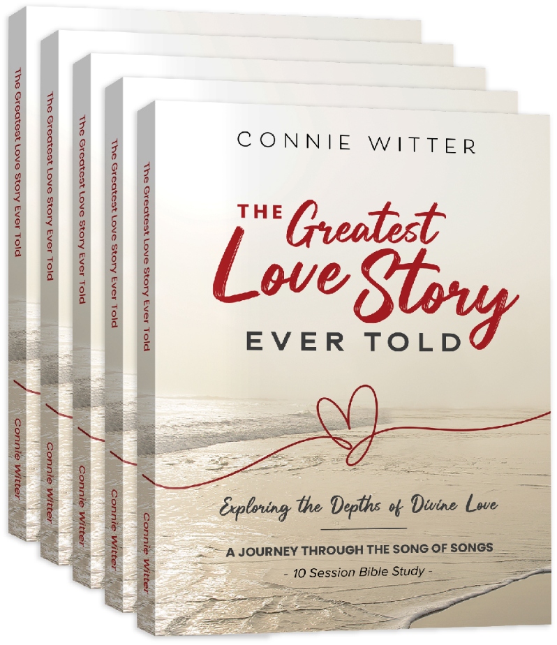 Product Description: You will recieve 5 Bible studies in this Bible study package for this discounted price</br></br>The Greatest Love Story Ever Told is a 10 week Bible Study on the Song of Songs.</br></br>“My Darling, everything about you is beautiful,</br></br>and there is nothing at all wrong with you!”-Jesus</br></br>Song of Songs 4:7 NCV</br></br>How would your life change if you really believed what Jesus says about you? You are His Beloved Bride, and He is your Bridegroom, King. He is passionately pursuing you with His unfailing love to persuade your heart of your true identity in Him. The world will try to define you, the enemy will attempt to lie to you, and your past may try to label you. However, there is only one person Who has the authority to name you - your bridegroom, Jesus! And He says everything about you is beautiful, and there is nothing at all wrong with you! He has named you His beloved, righteous, and flawless bride.</br></br>Join Connie on a 10 week journey through the Song of Songs and explore the depths of Divine love. This poetic book of the Bible is a personal love song that Jesus sings over you. Bask in the song’s beautiful lyrics, and discover the freedom that can only be found in the arms of Perfect Love. As you embrace the name that Jesus has given you, you will bear the fruit of your true identity as the Beloved Bride of the King of kings.</br></br>So let’s go deeper into greater intimacy with Jesus, and uncover the treasures within each verse of the Song of Songs. You will discover that you and Jesus are the main characters of the Greatest Love Story Ever Told!</br></br>“I am truly His Rose- the very theme of His song!”</br></br>Song of Songs 2:1</br></br>Other Resources Available</br></br>Video teaching: Connie will be teaching an updated version of this study beginning September 18, 2024. The 10 video teachings that goes along with the Bible study will be availabel to watch on Connie’s ministry website at conniewitter.com or you can download her ministry app and cast the video teaching to your smart TV.</br></br>Audio teaching: 10 audio teachings that go along with each week can be found on Connie Witter’s ministry App & website</br></br>Bible study package: If you would like to lead a group through this study, discounted group packages can be purchased at conniewitter.com</br> The Greatest Love Story 5 Bible study package